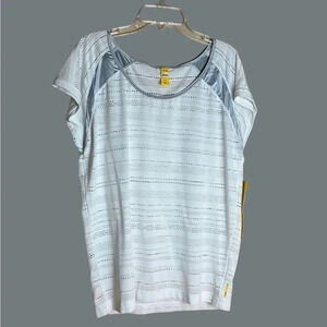 LOLE SYBIL white sheer boxy gym t shirt,silver stripes,eyelets  details,raglan